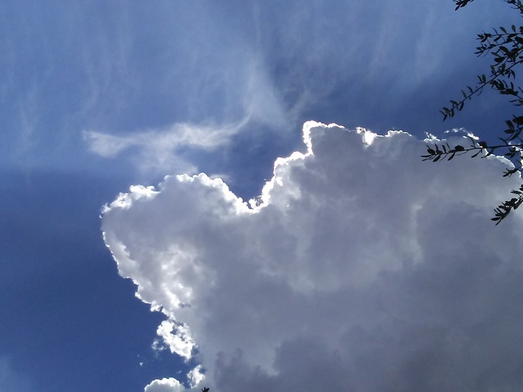 Photo: big gray storm cloud with sun-brightened edges, against blue sky, white dove-like cloud appears to be landing on the storm cloud, image by C.B. Harris