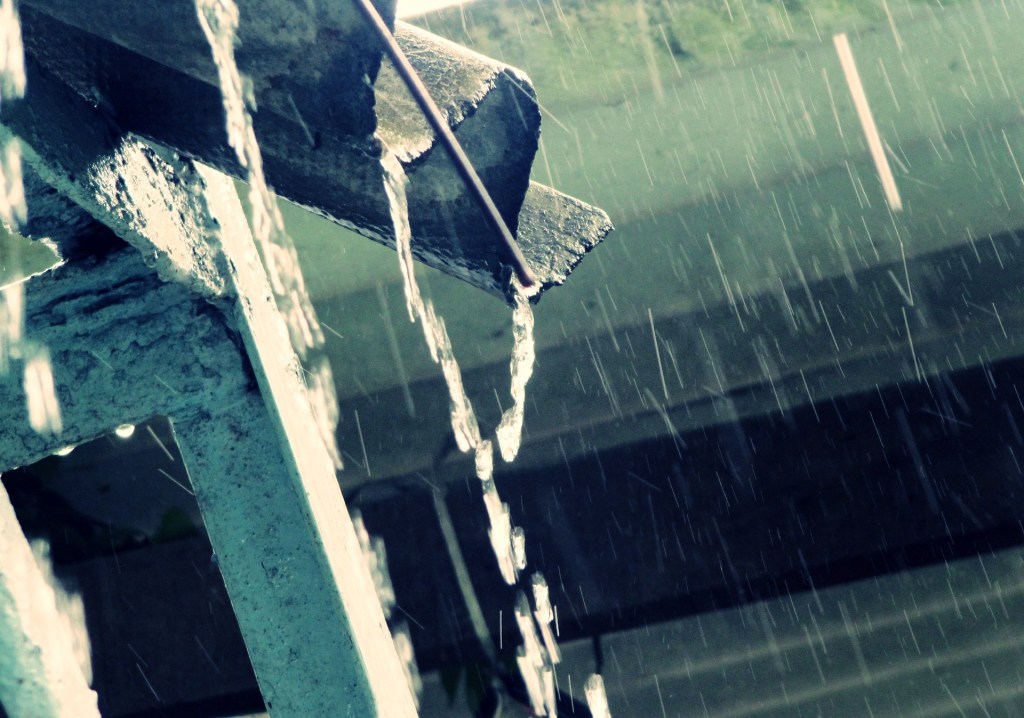 Photo: rain spout, and water gushing off the eaves, image is slightly blurred and is various shades of green, image by hoangsonftu2, on Pixabay.