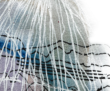 Abstract art: blue, gray, and pink landscape, layers of mountains outlined in black, possible river of black lines, somewhat wavy / squiggly streams of white pouring down from a gray sky, image by Layers, on Pixabay, modified.